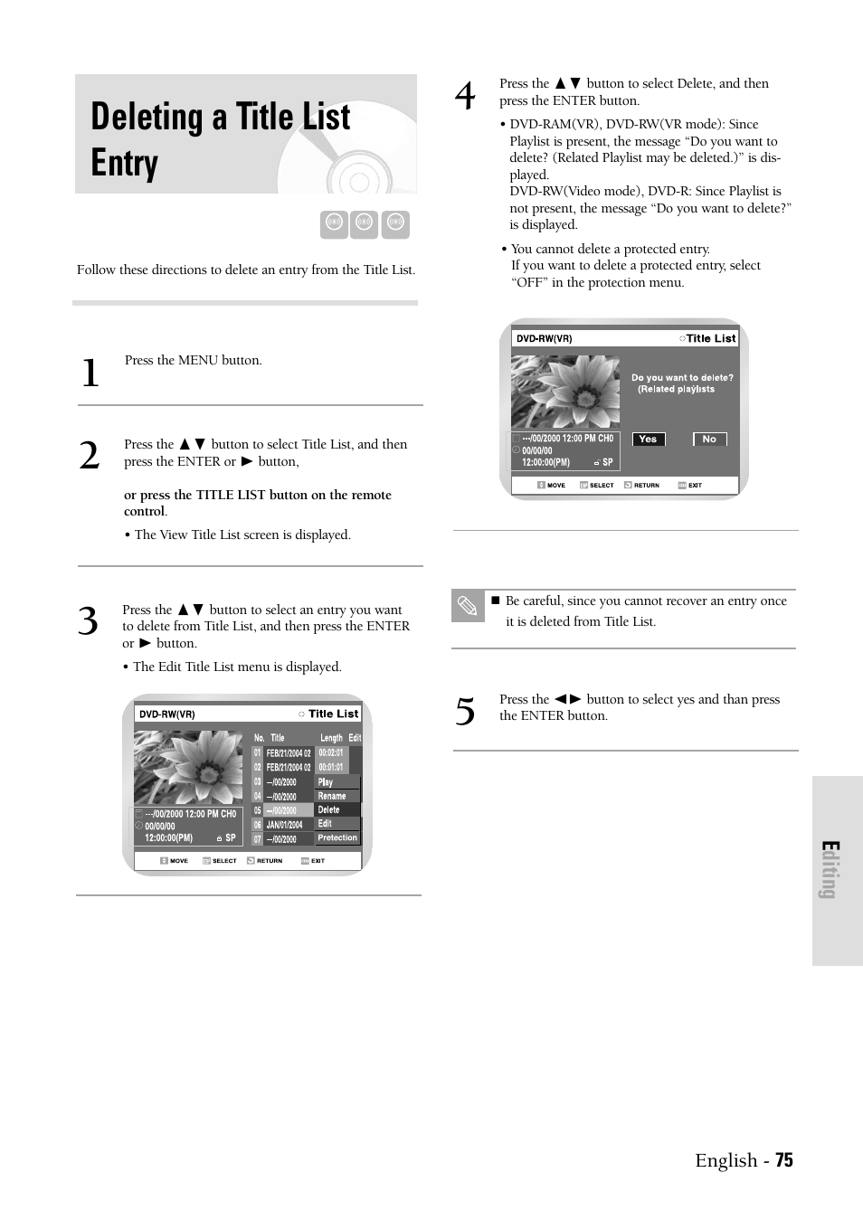Deleting a title list entry, Editing | Samsung DVD-VR300-XAX User Manual | Page 75 / 98