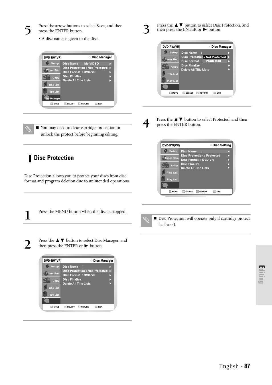 Editing | Samsung DVD-VR300-XAX User Manual | Page 87 / 98