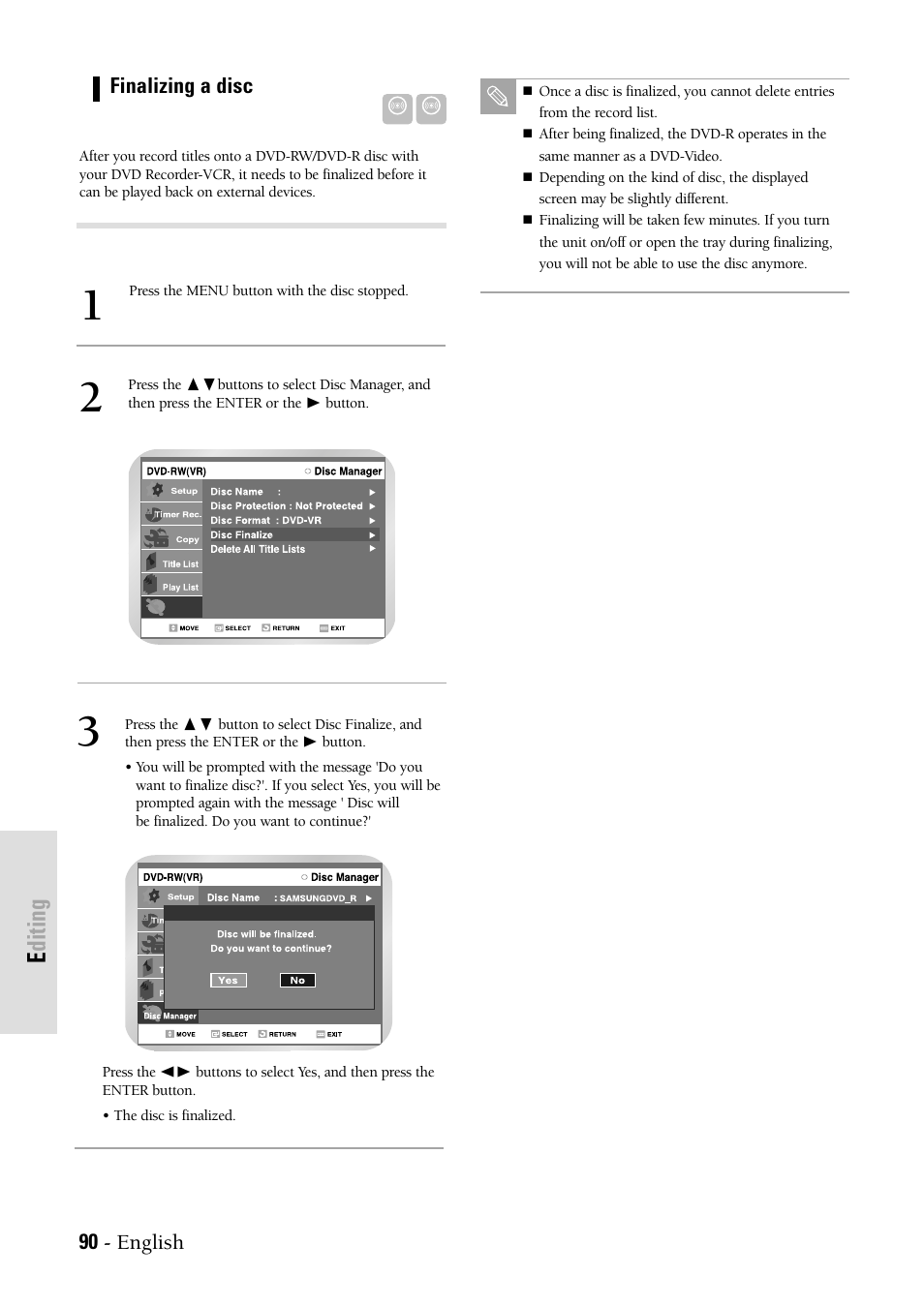 Editing, 90 - english, Finalizing a disc | Samsung DVD-VR300-XAX User Manual | Page 90 / 98