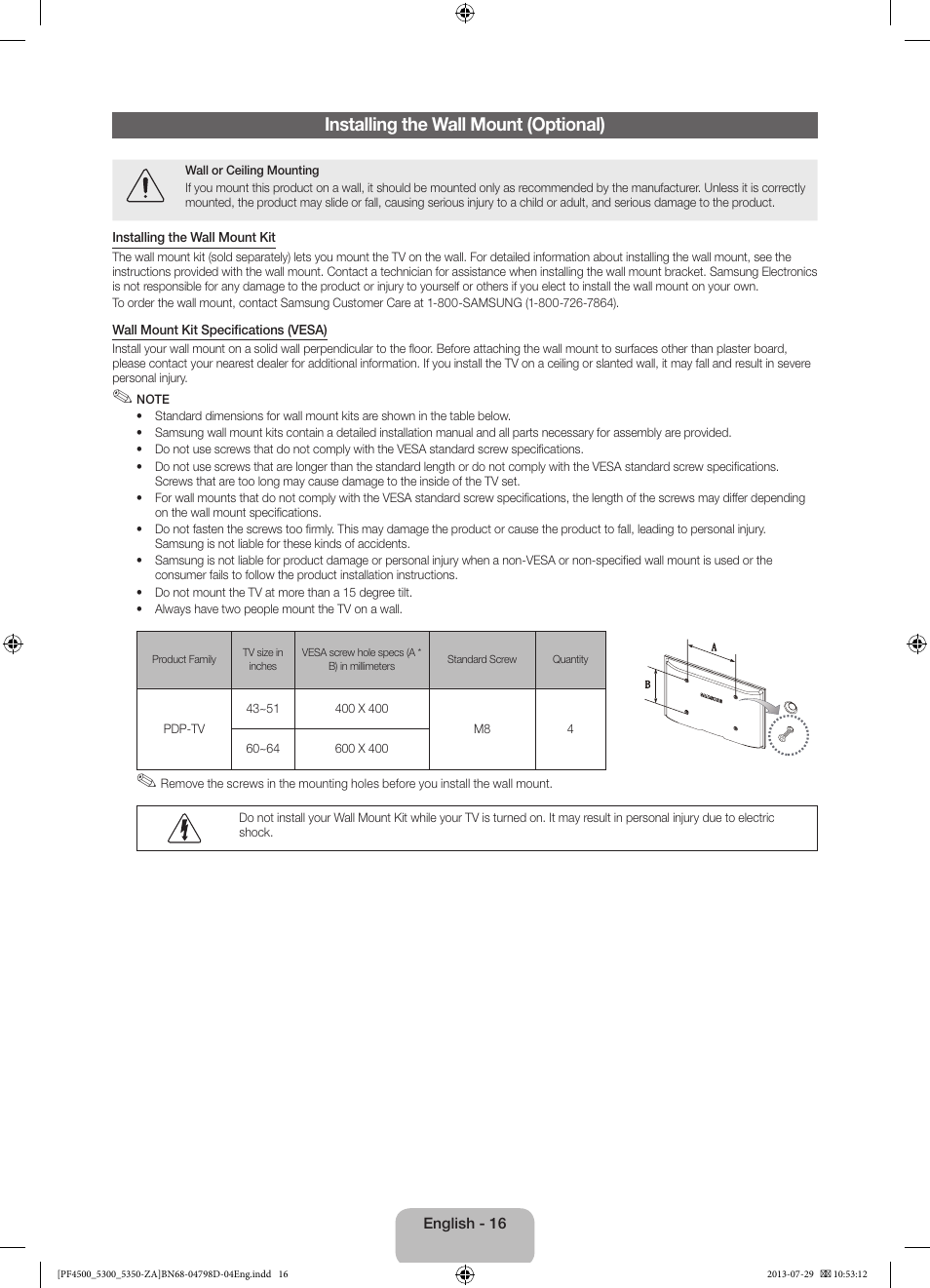 Installing the wall mount (optional) | Samsung PN51F4550AFXZA User Manual | Page 16 / 22