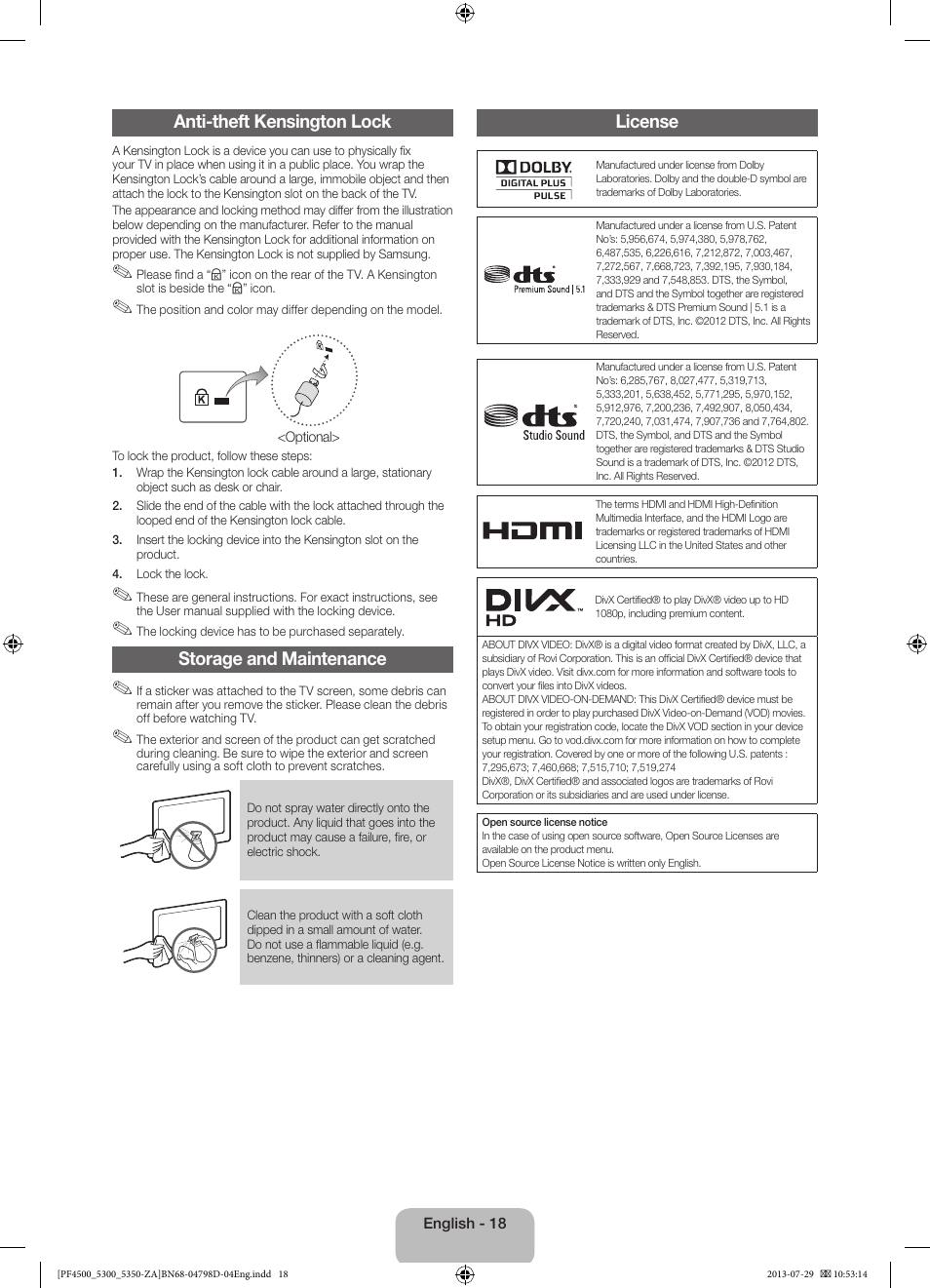 Anti-theft kensington lock, Storage and maintenance, License | Samsung PN51F4550AFXZA User Manual | Page 18 / 22