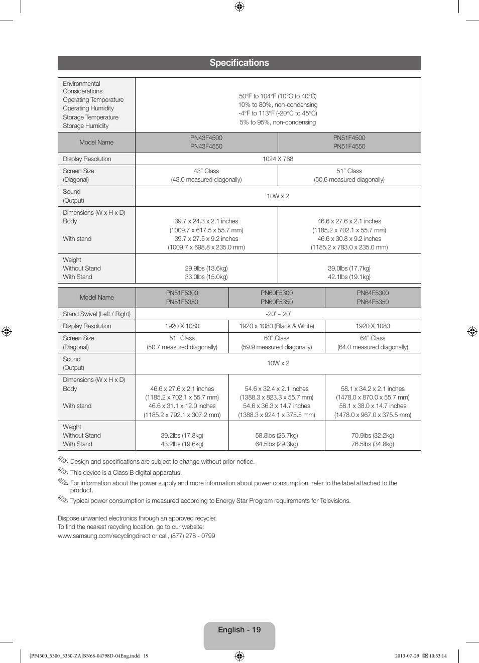 Specifications | Samsung PN51F4550AFXZA User Manual | Page 19 / 22