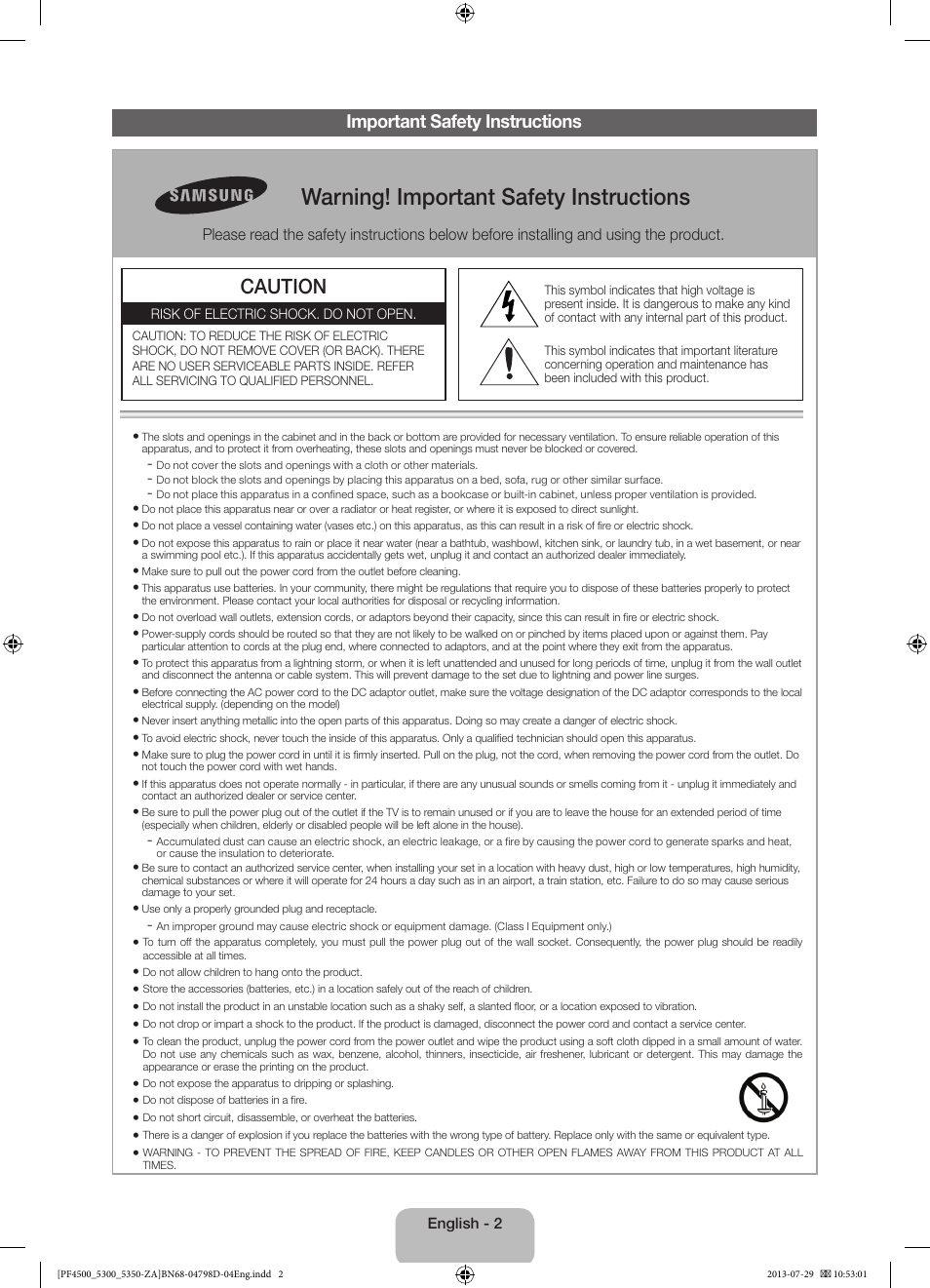 Warning! important safety instructions, Caution, Important safety instructions | Samsung PN51F4550AFXZA User Manual | Page 2 / 22