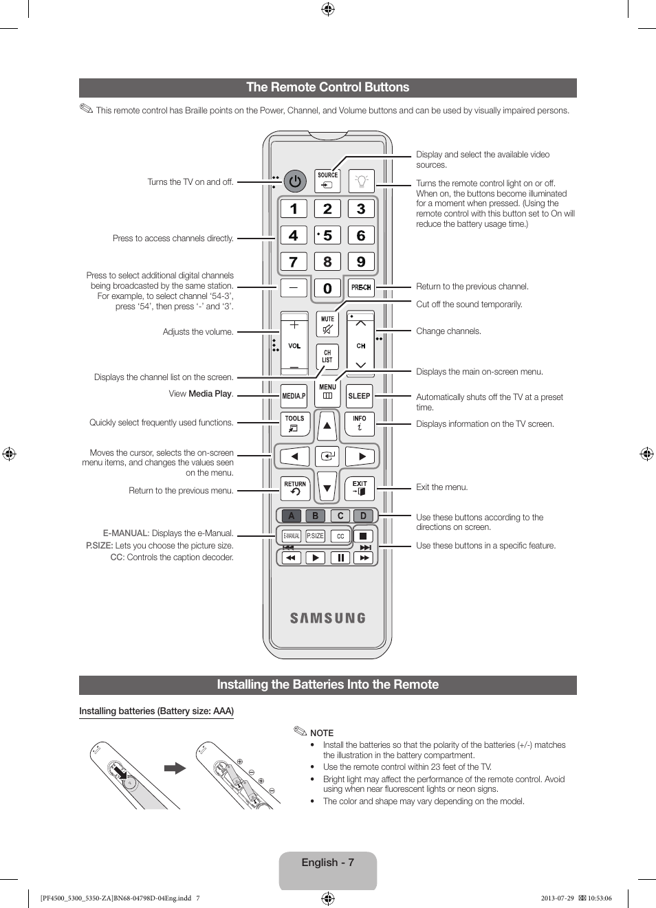 The remote control buttons, Installing the batteries into the remote | Samsung PN51F4550AFXZA User Manual | Page 7 / 22