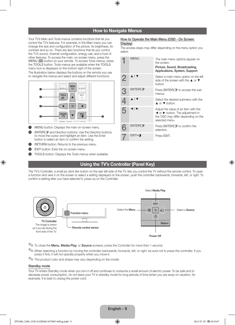 Using the tv’s controller (panel key), How to navigate menus | Samsung PN51F4550AFXZA User Manual | Page 9 / 22