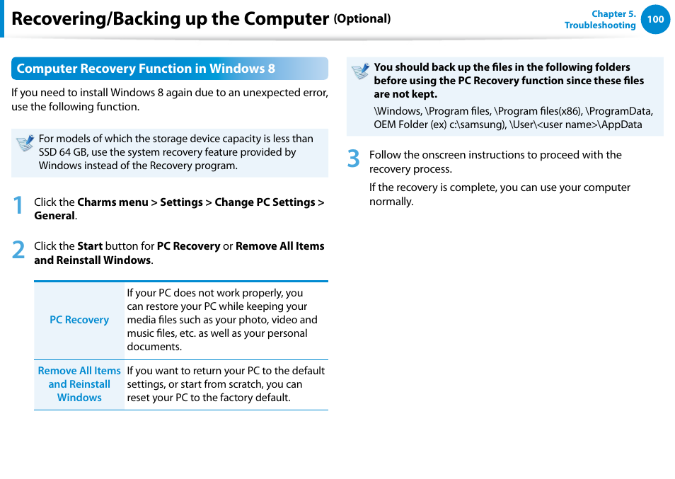 Recovering/backing up the computer | Samsung NP700G7C-T01US User Manual | Page 101 / 139