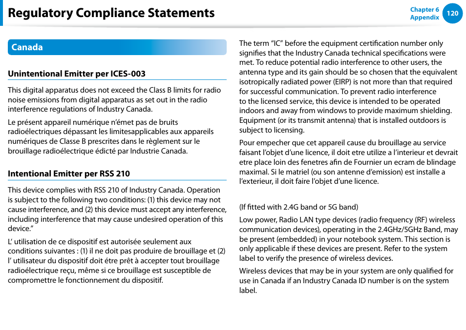Regulatory compliance statements | Samsung NP700G7C-T01US User Manual | Page 121 / 139
