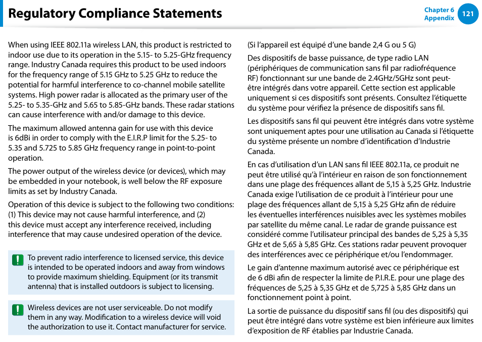 Regulatory compliance statements | Samsung NP700G7C-T01US User Manual | Page 122 / 139