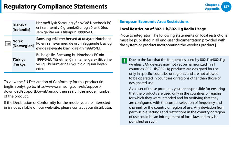 Regulatory compliance statements | Samsung NP700G7C-T01US User Manual | Page 128 / 139