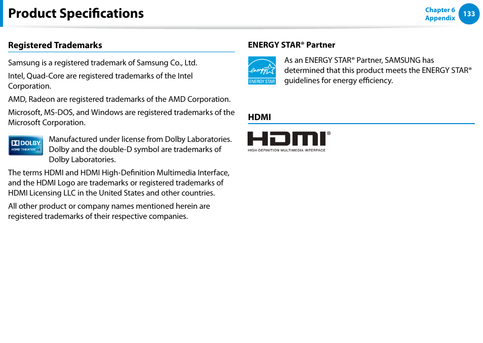 Product specifications | Samsung NP700G7C-T01US User Manual | Page 134 / 139