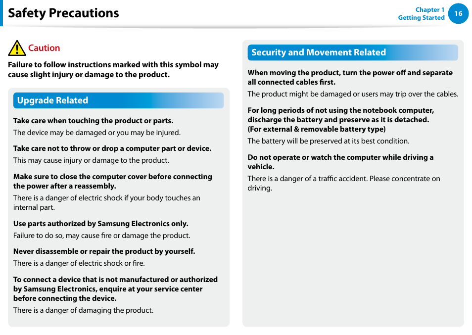 Safety precautions | Samsung NP700G7C-T01US User Manual | Page 17 / 139