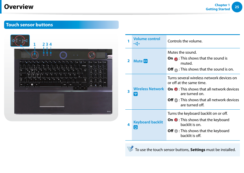 Overview, Touch sensor buttons | Samsung NP700G7C-T01US User Manual | Page 26 / 139