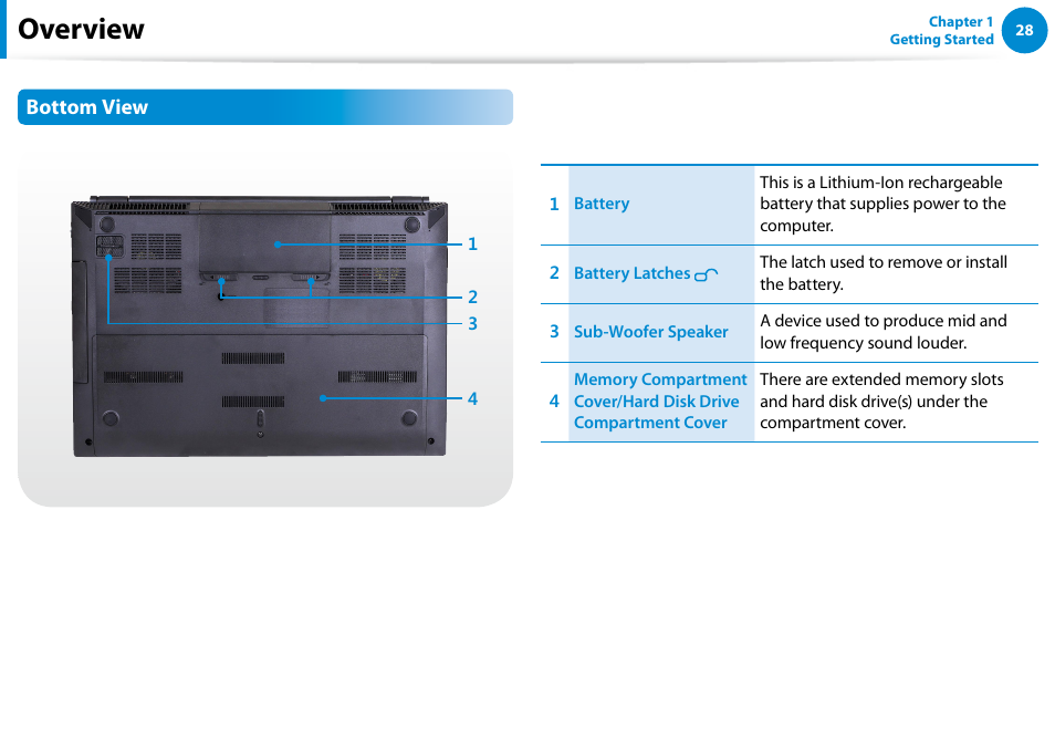 Overview, Bottom view | Samsung NP700G7C-T01US User Manual | Page 29 / 139