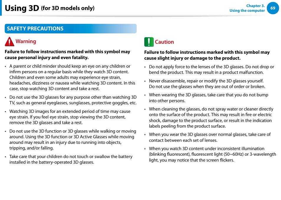 Using 3d, For 3d models only), Safety precautions warning | Caution | Samsung NP700G7C-T01US User Manual | Page 70 / 139