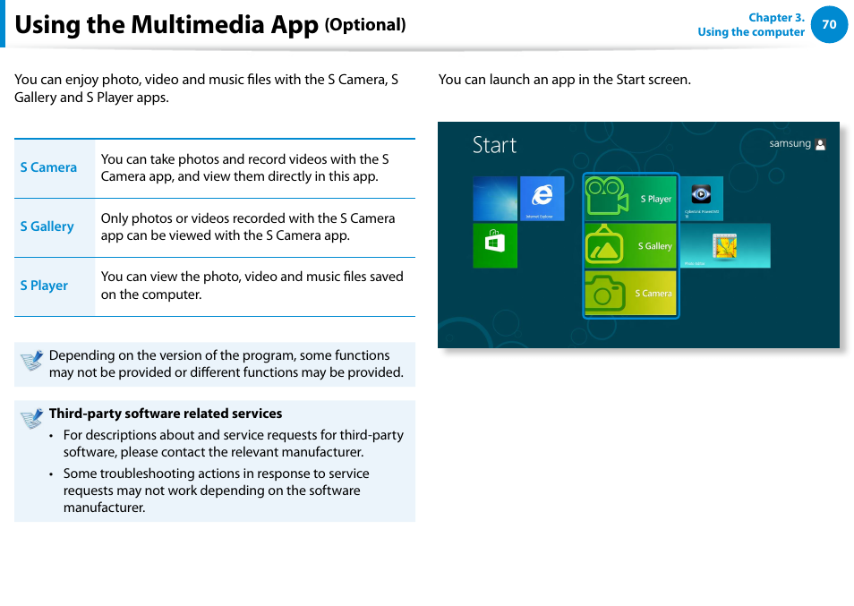 Using the multimedia app (optional), Using the multimedia app, Optional) | Samsung NP700G7C-T01US User Manual | Page 71 / 139
