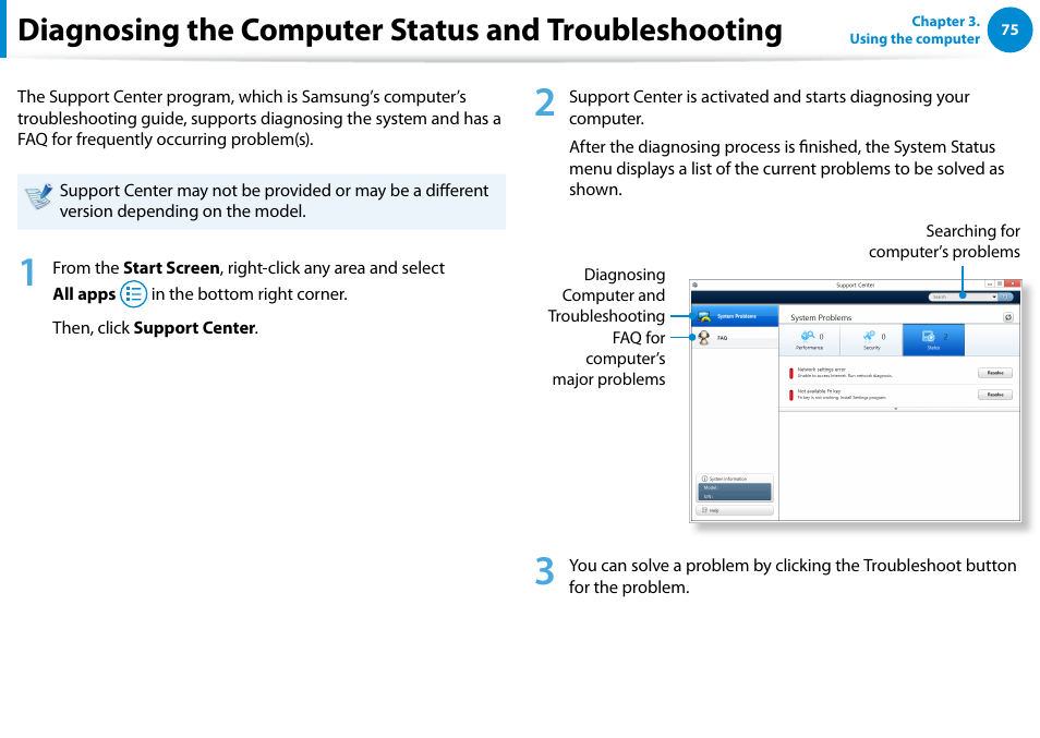 Diagnosing the computer status and troubleshooting, Diagnosing the computer status, And troubleshooting | Samsung NP700G7C-T01US User Manual | Page 76 / 139
