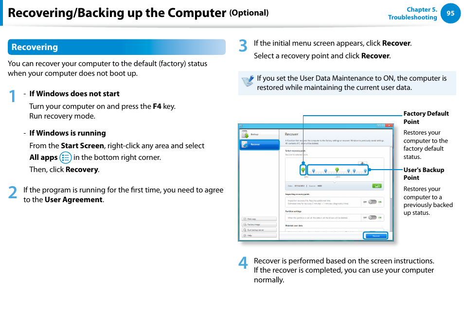 Recovering/backing up the computer | Samsung NP700G7C-T01US User Manual | Page 96 / 139