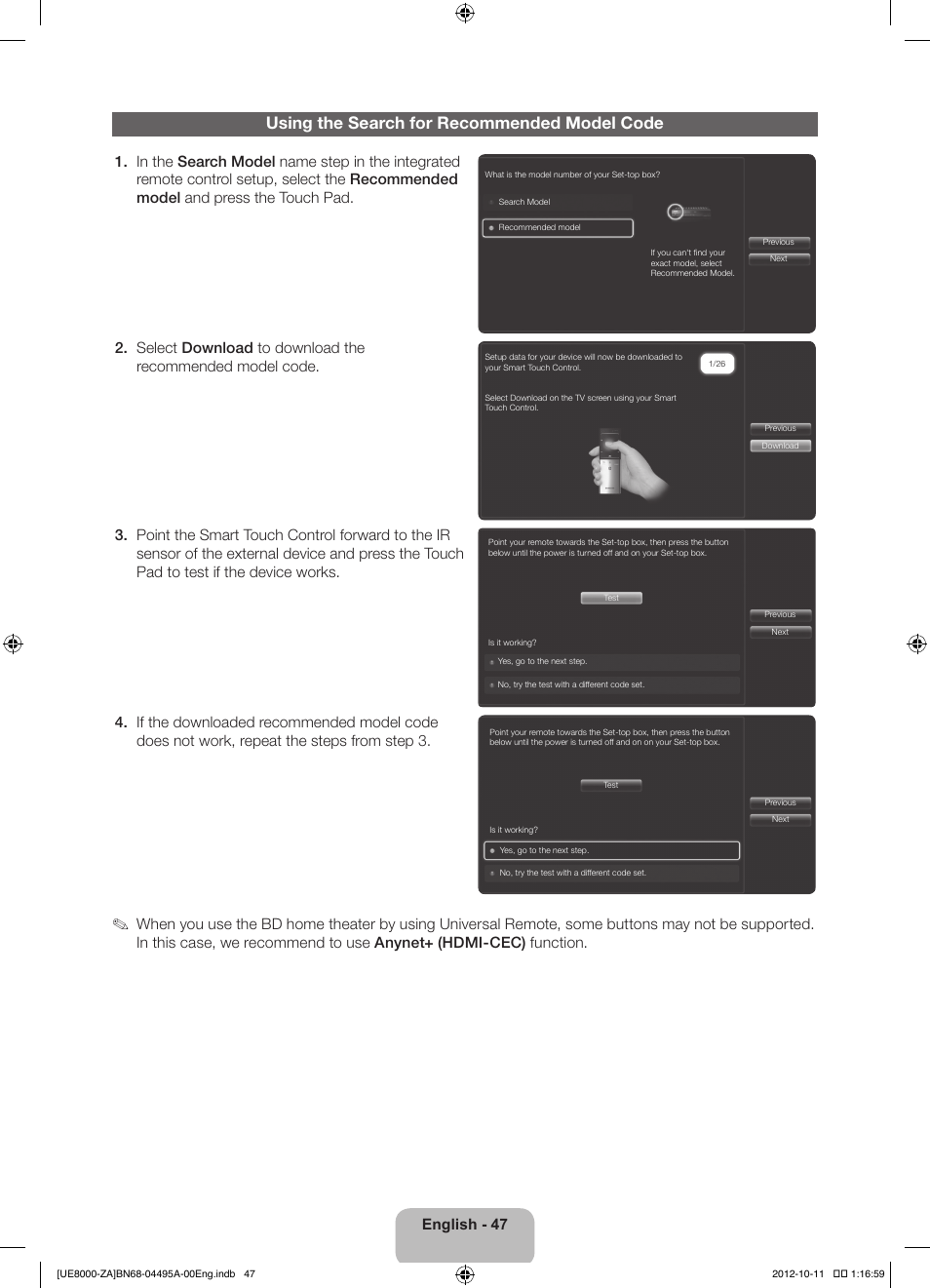 Using the search for recommended model code, English - 47 | Samsung UN55ES8000FXZA User Manual | Page 47 / 63
