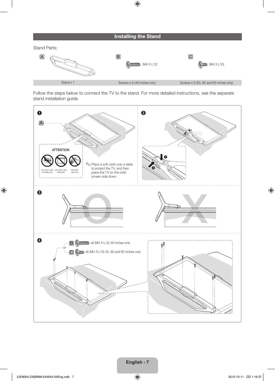 Installing the stand | Samsung UN55ES8000FXZA User Manual | Page 7 / 63
