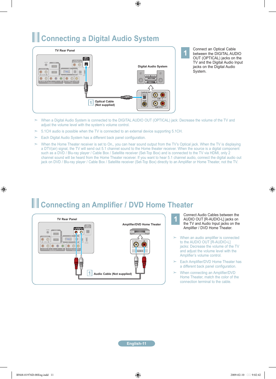 Connecting a digital audio system, Connecting an amplifier / dvd home theater | Samsung LN32B360C5DXZX User Manual | Page 11 / 20