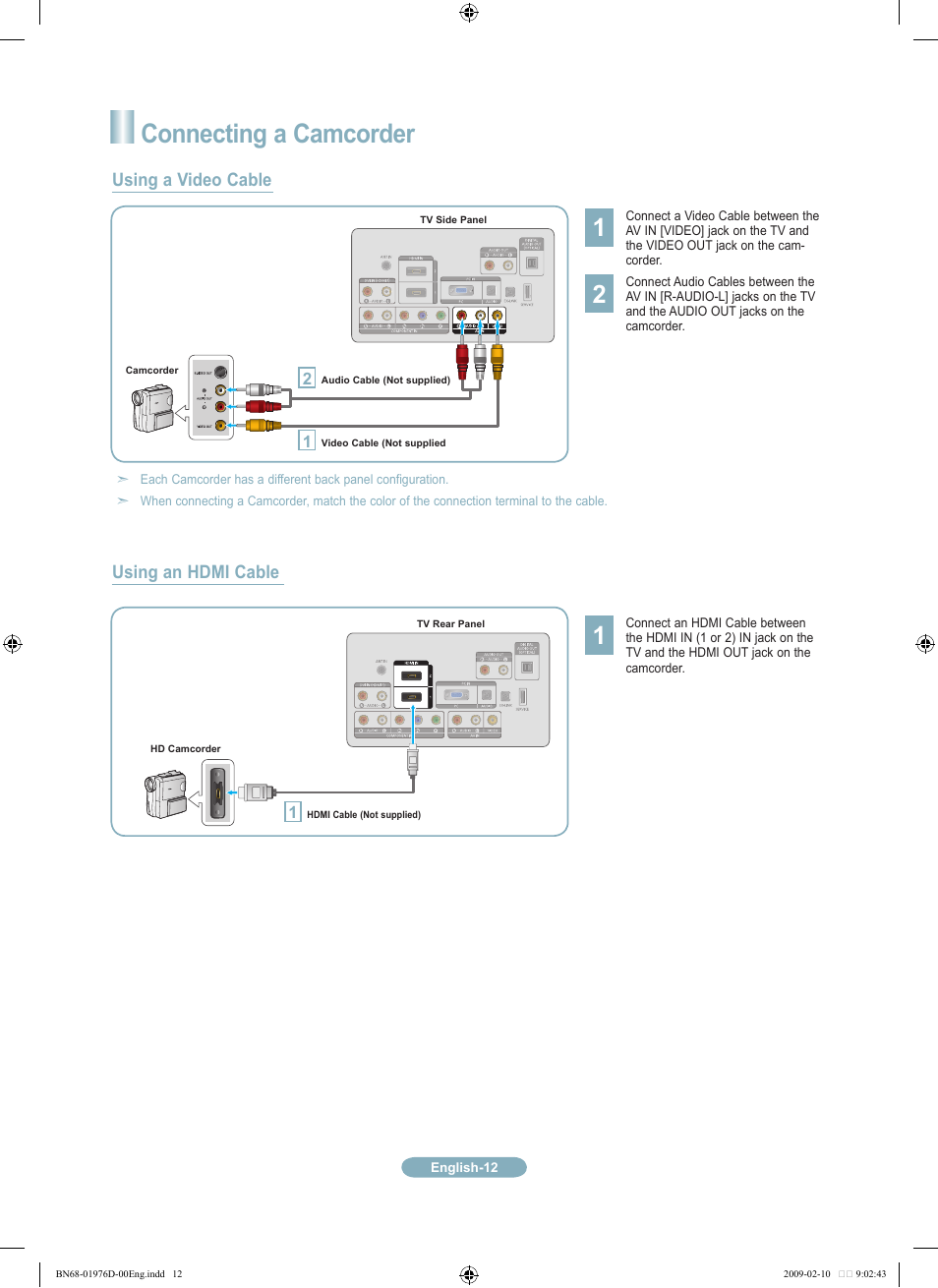 Connecting a camcorder, Using a video cable, Using an hdmi cable | Samsung LN32B360C5DXZX User Manual | Page 12 / 20