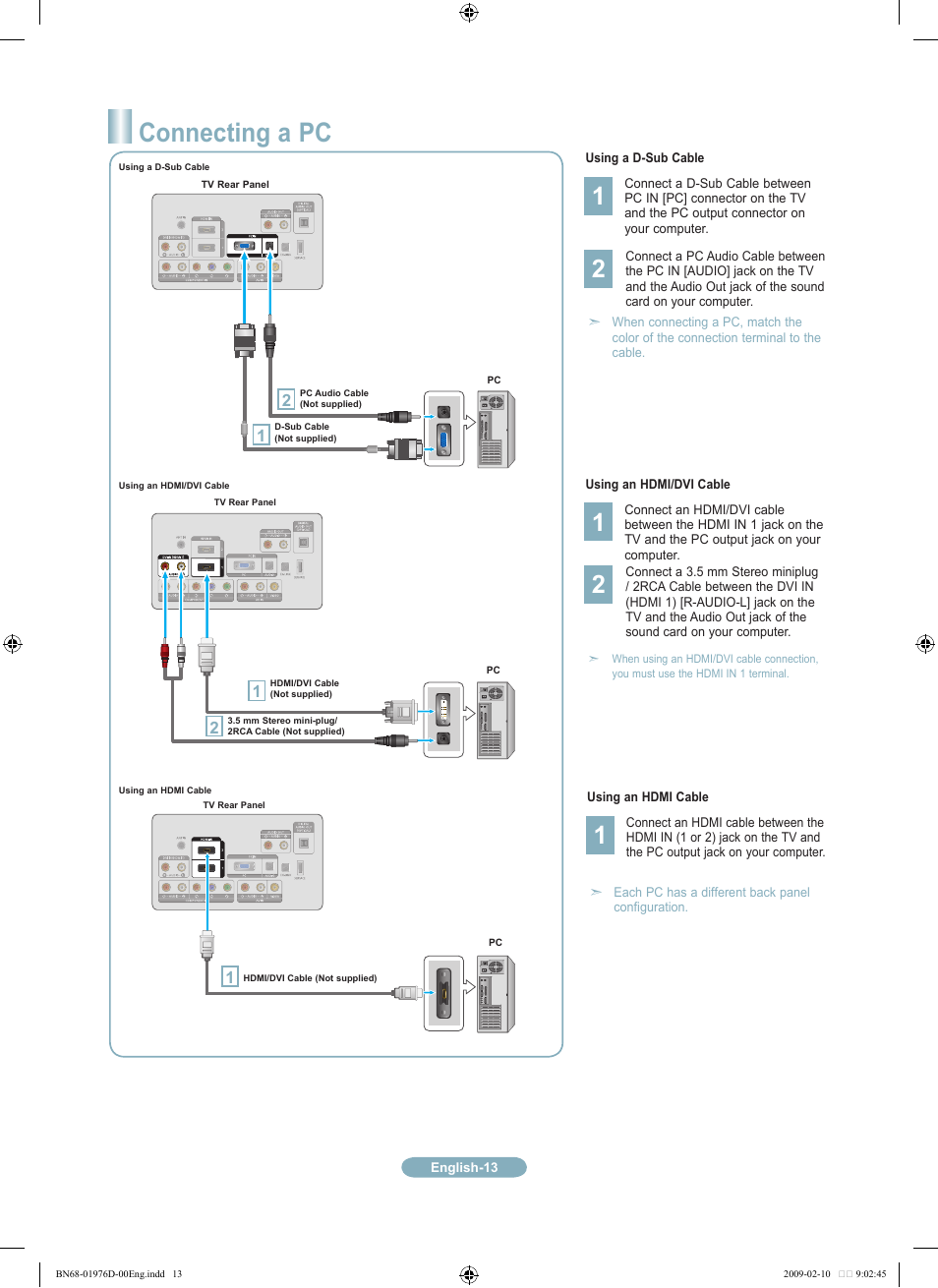 Connecting a pc | Samsung LN32B360C5DXZX User Manual | Page 13 / 20