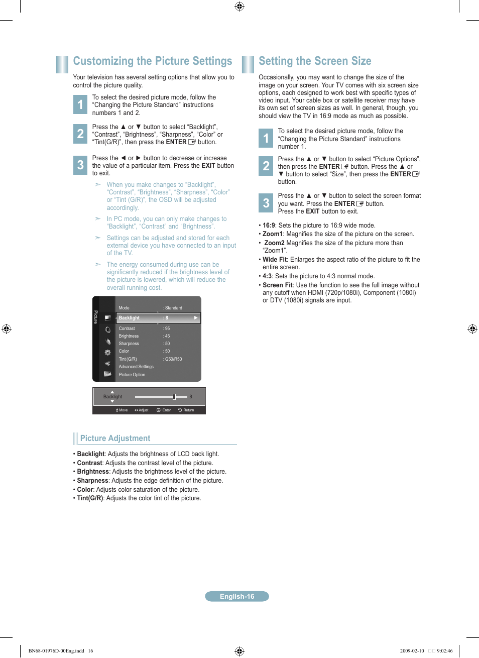 Customizing the picture settings, Setting the screen size | Samsung LN32B360C5DXZX User Manual | Page 16 / 20