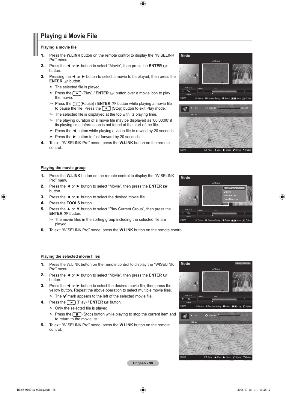Playing a movie file | Samsung LN52A860S2FXZA User Manual | Page 100 / 155