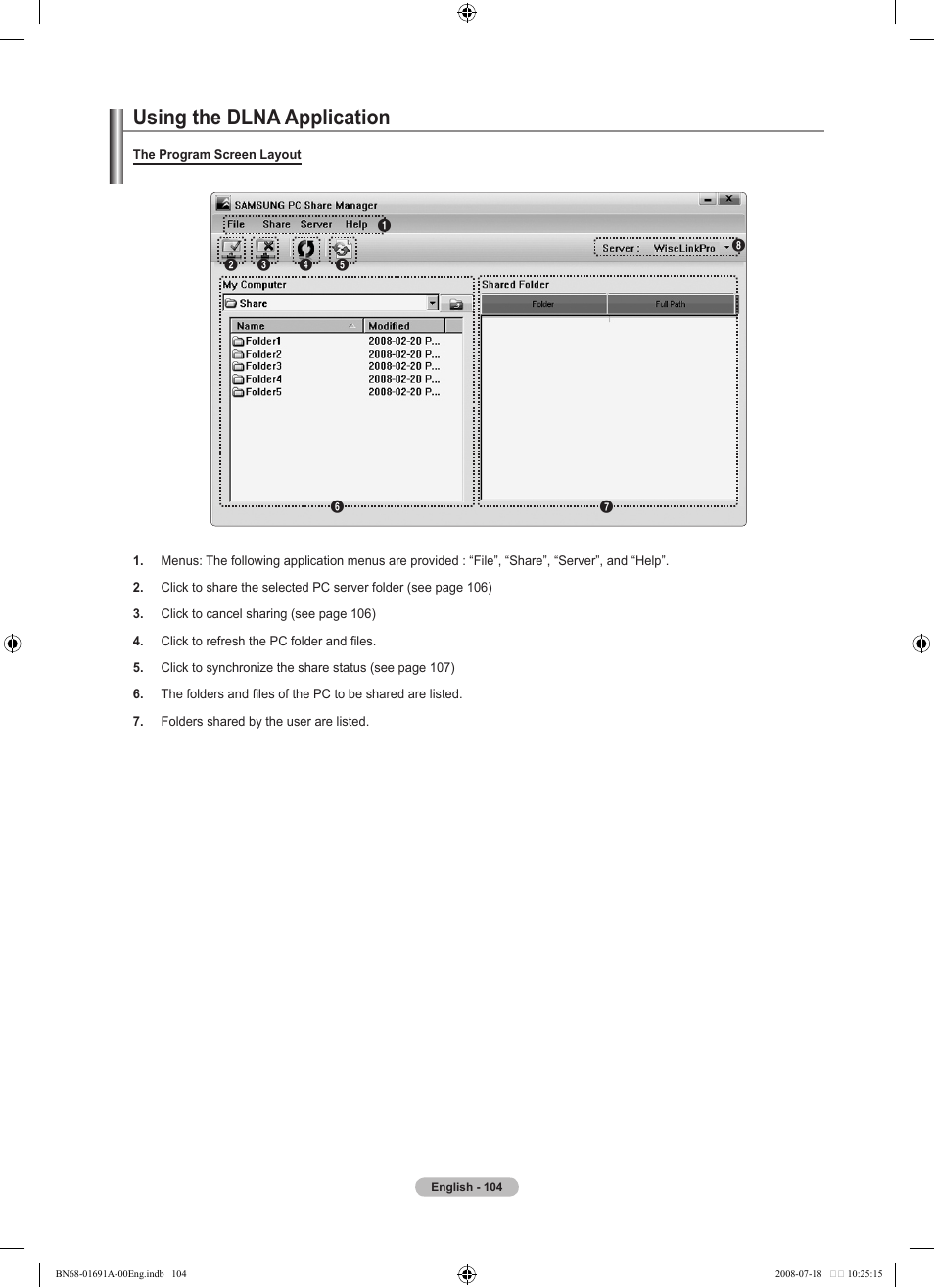 Using the dlna application | Samsung LN52A860S2FXZA User Manual | Page 106 / 155