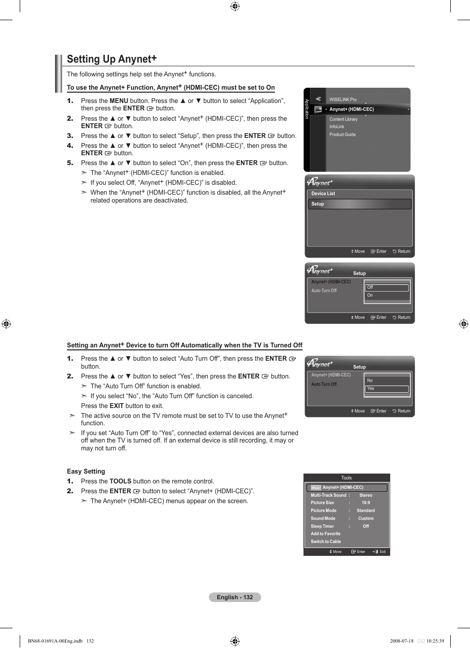 Setting up anynet | Samsung LN52A860S2FXZA User Manual | Page 134 / 155