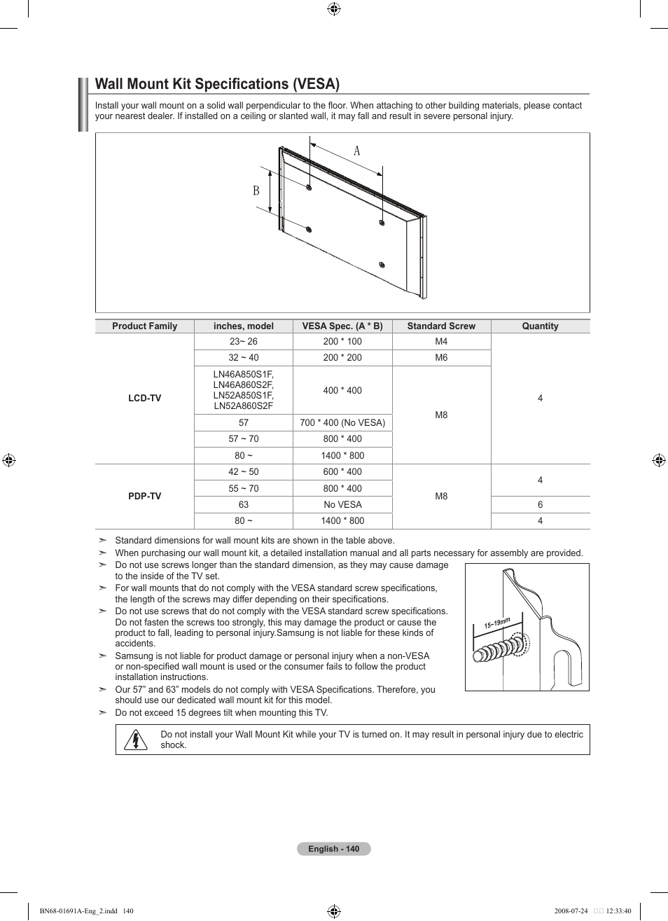 Wall mount kit specifications (vesa) | Samsung LN52A860S2FXZA User Manual | Page 142 / 155