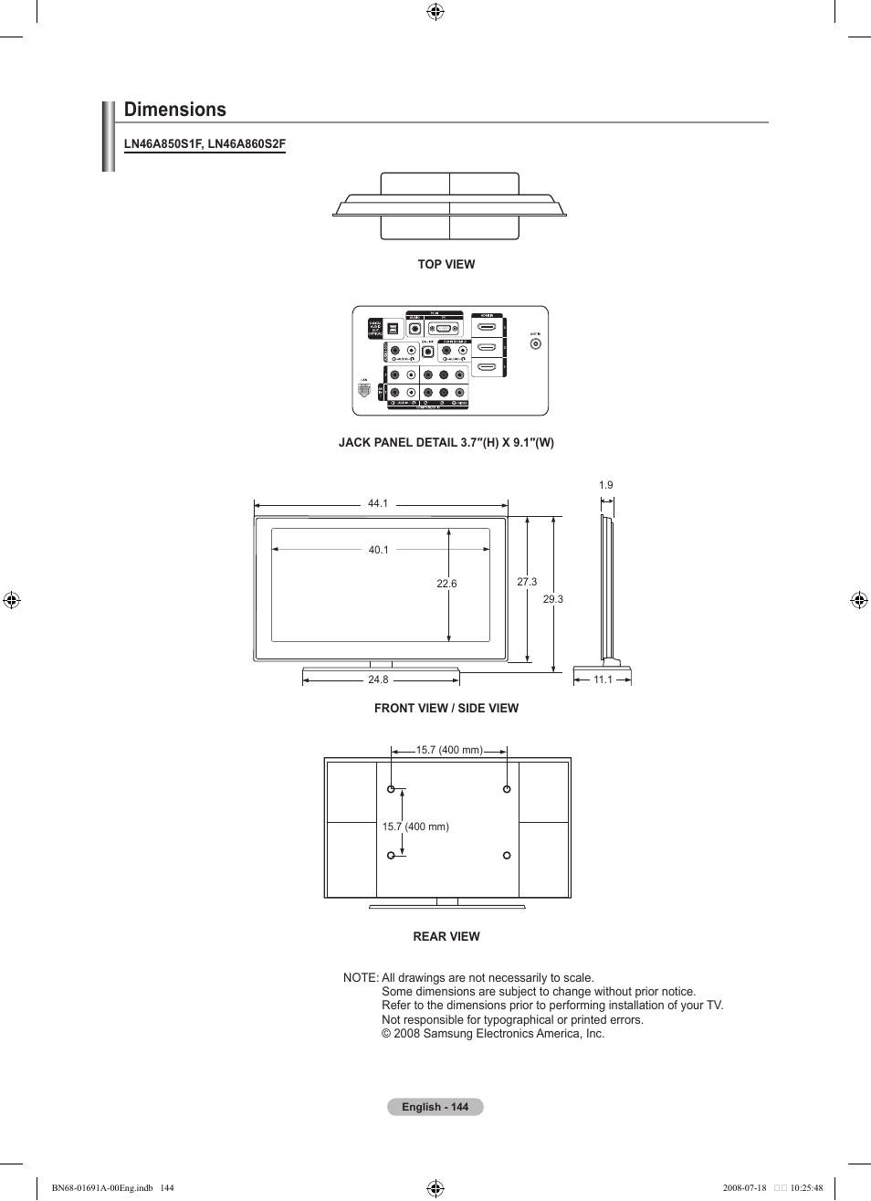 Dimensions | Samsung LN52A860S2FXZA User Manual | Page 146 / 155