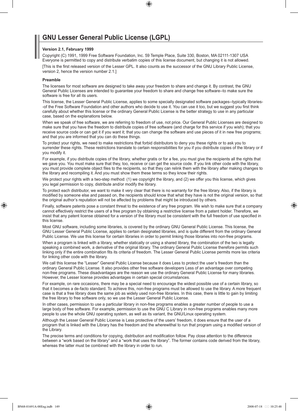 Gnu lesser general public license (lgpl) | Samsung LN52A860S2FXZA User Manual | Page 151 / 155