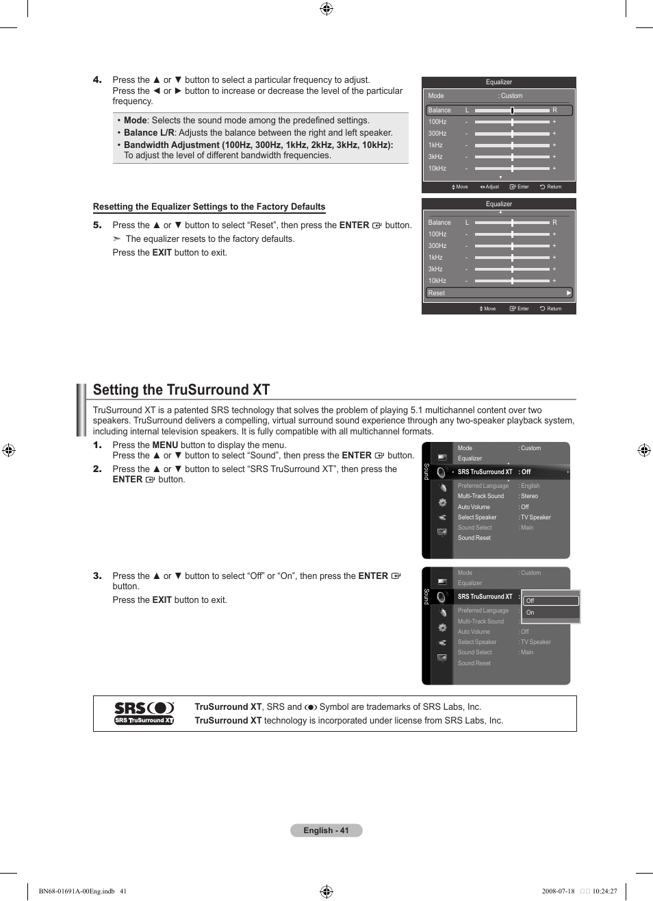 Setting the trusurround xt | Samsung LN52A860S2FXZA User Manual | Page 43 / 155