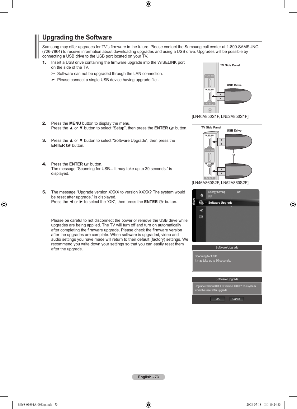 Upgrading the software | Samsung LN52A860S2FXZA User Manual | Page 75 / 155