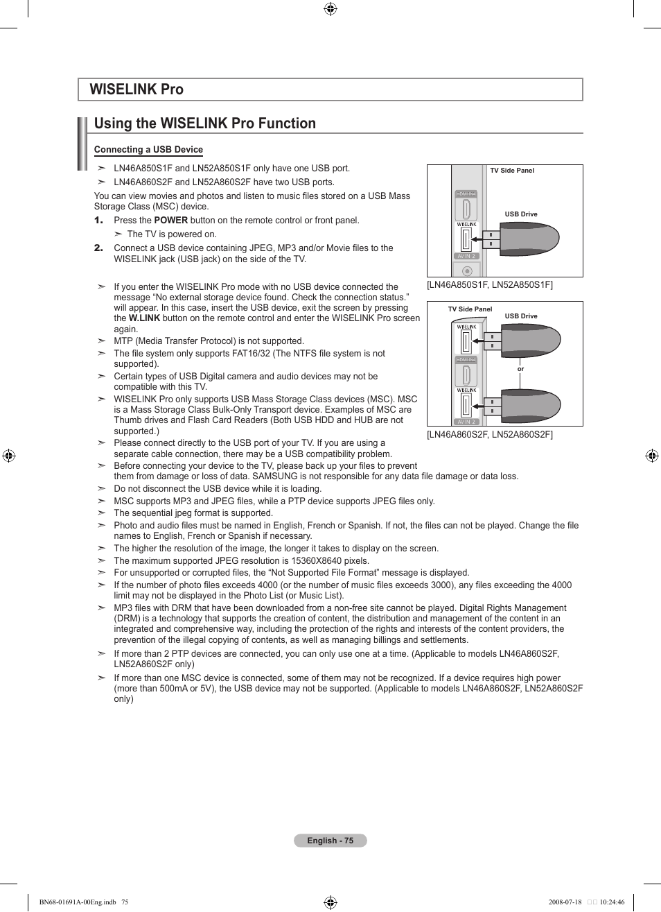 Wiselink pro, Using the wiselink pro function, Wiselink pro using the wiselink pro function | Samsung LN52A860S2FXZA User Manual | Page 77 / 155
