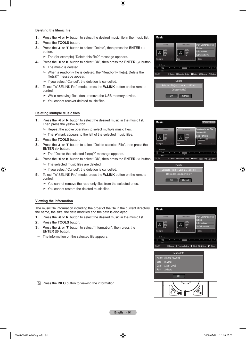 English - 91, Music | Samsung LN52A860S2FXZA User Manual | Page 93 / 155