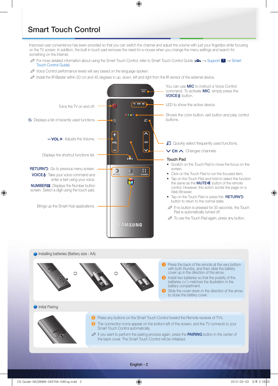 Smart touch control | Samsung PL64E8000GFXZP User Manual | Page 2 / 4