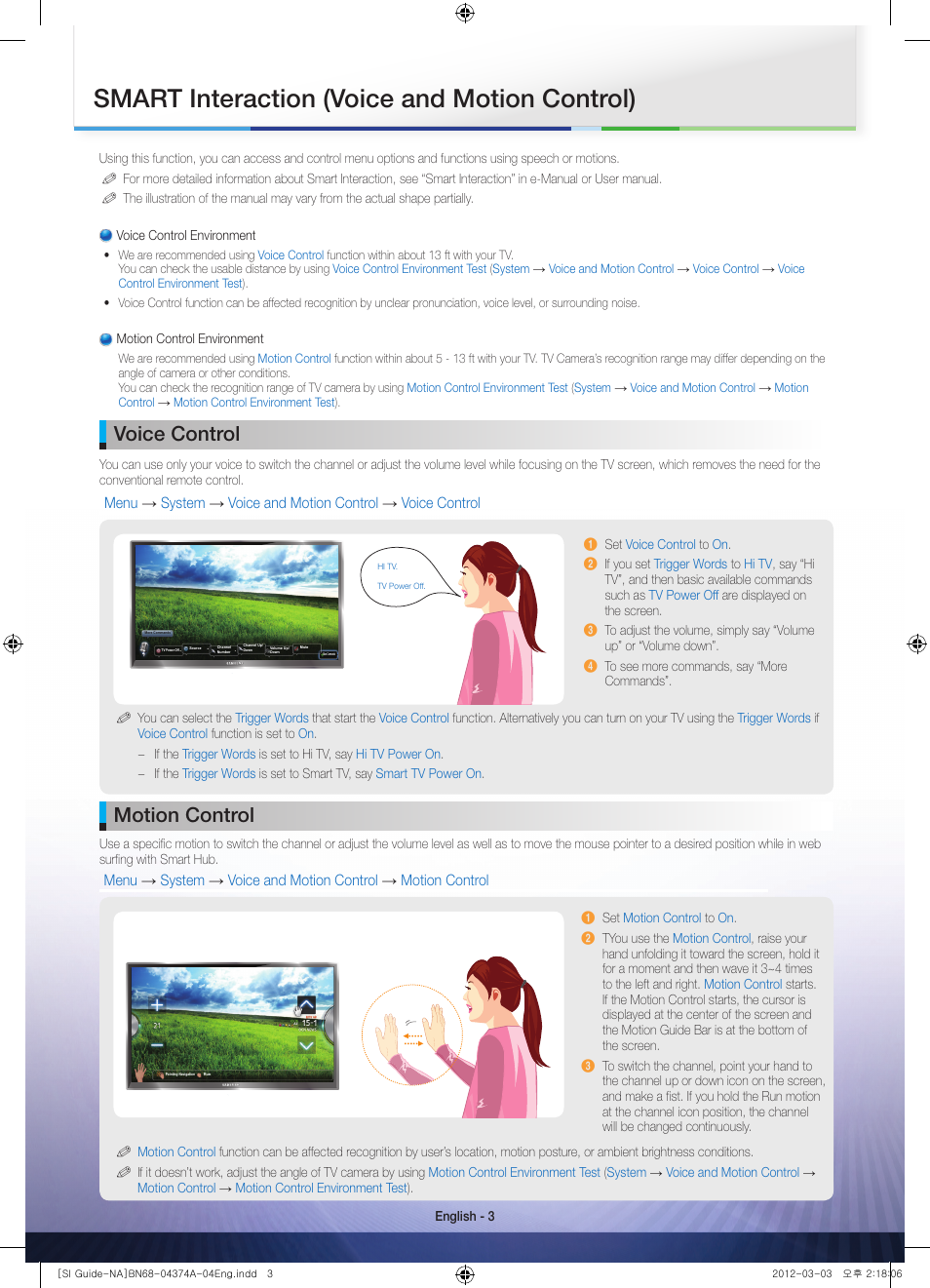 Smart interaction (voice and motion control), Voice control, Motion control | Samsung PL64E8000GFXZP User Manual | Page 3 / 4