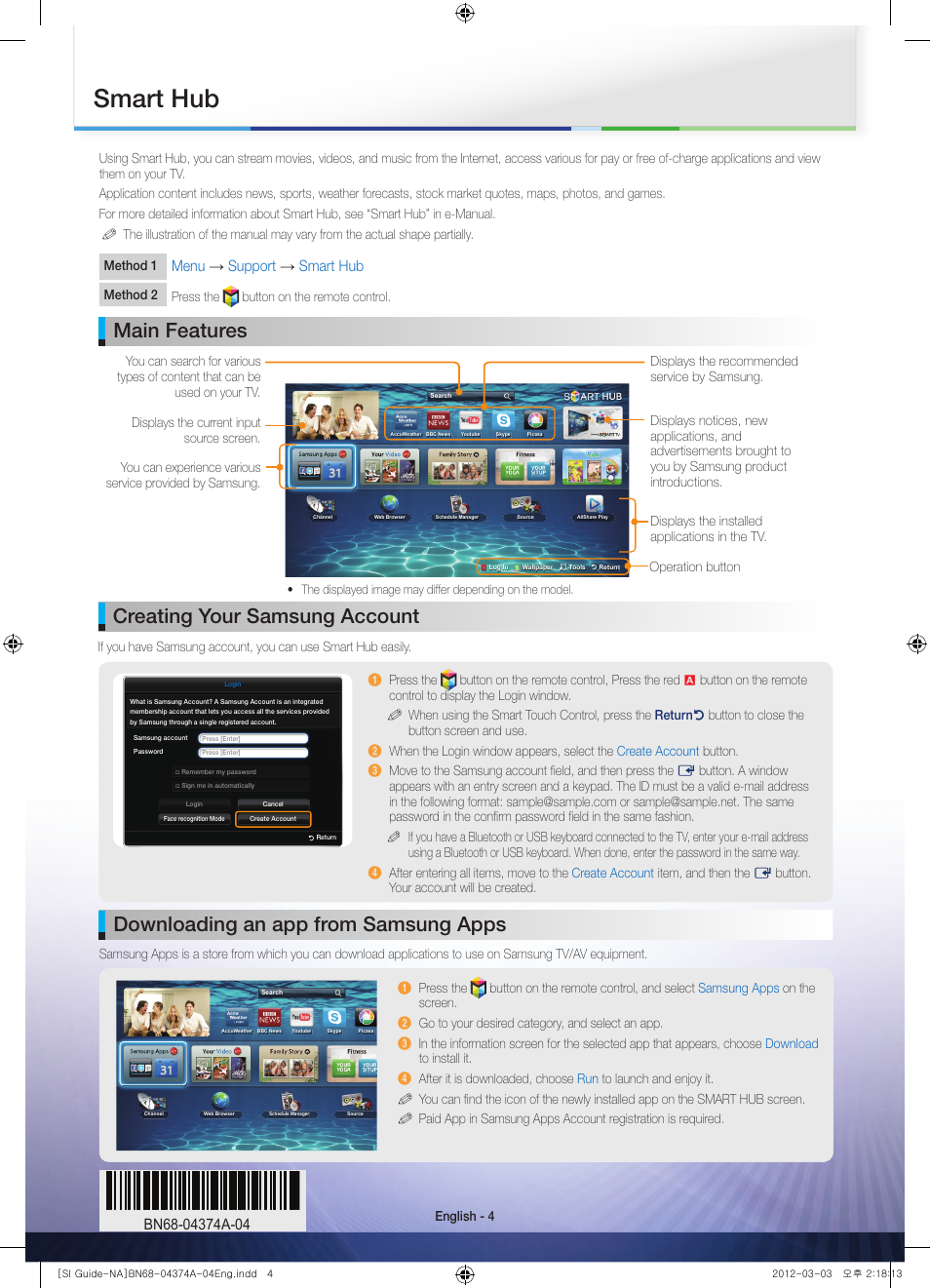 Smart hub, Downloading an app from samsung apps, Creating your samsung account | Main features, Menu → support → smart hub | Samsung PL64E8000GFXZP User Manual | Page 4 / 4
