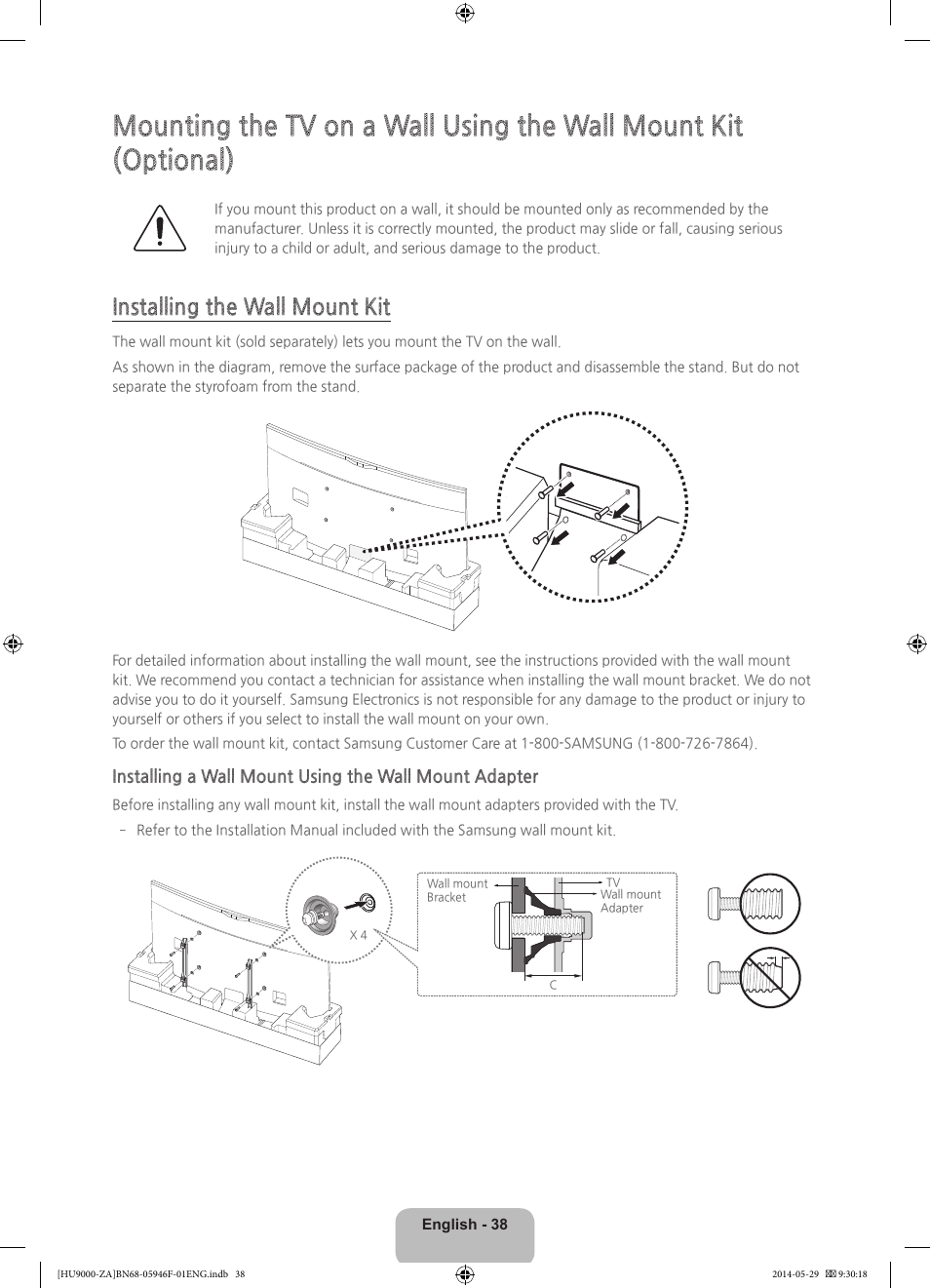 Installing the wall mount kit | Samsung UN78HU9000FXZA User Manual | Page 38 / 43