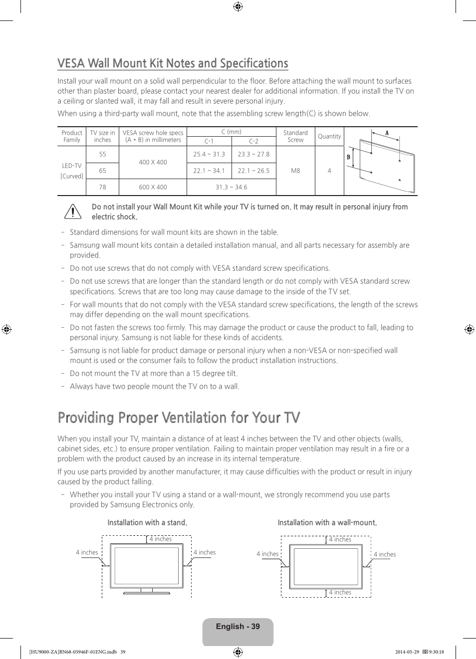 Providing proper ventilation for your tv | Samsung UN78HU9000FXZA User Manual | Page 39 / 43
