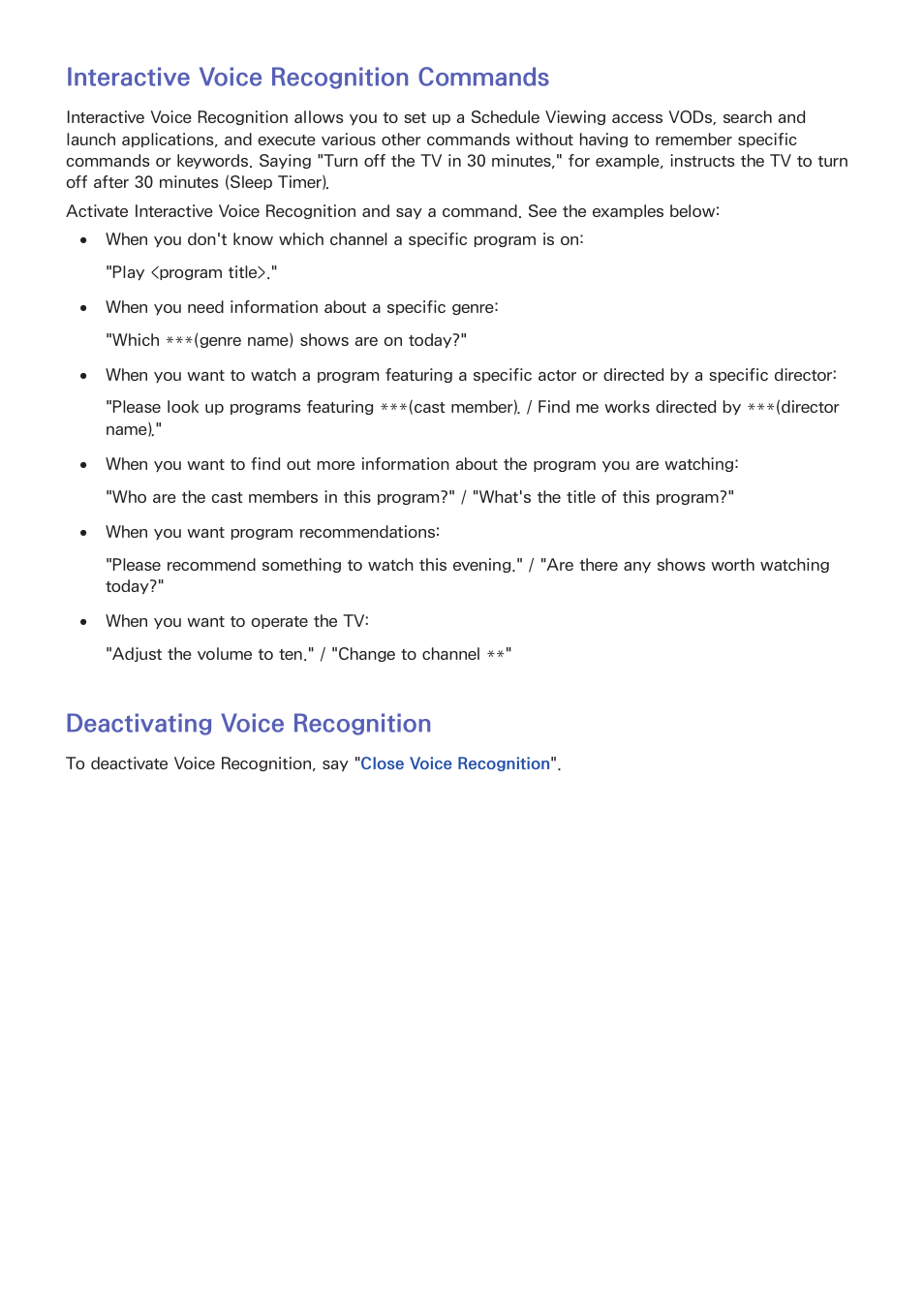 50 interactive voice recognition commands, 50 deactivating voice recognition, Interactive voice recognition commands | Deactivating voice recognition | Samsung UN60F6350AFXZA User Manual | Page 57 / 170