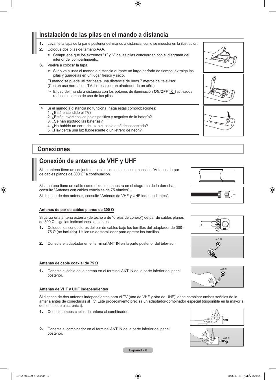 Instalación de las pilas en el mando a distancia, Conexión de antenas de vhf y uhf, Conexiones | Samsung LN46A540P2FXZA User Manual | Page 110 / 197