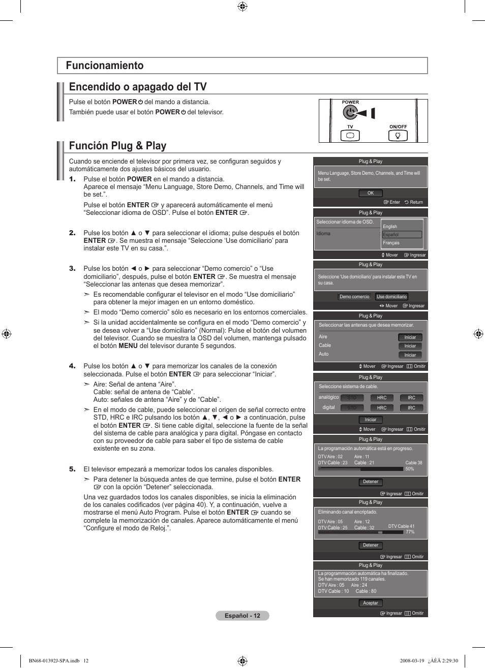 Encendido o apagado del tv, Funcionamiento función plug & play | Samsung LN46A540P2FXZA User Manual | Page 116 / 197