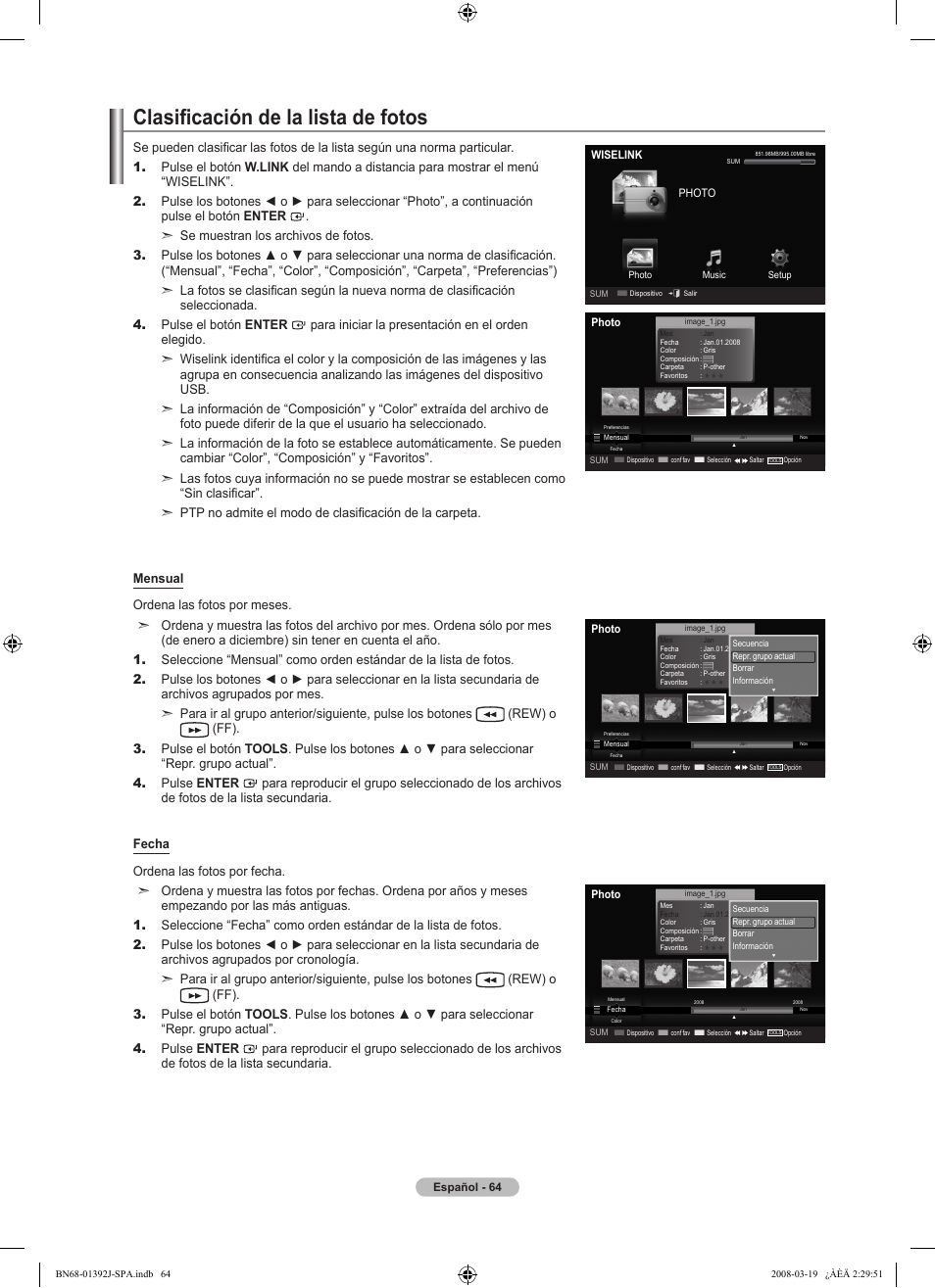 Clasificación de la lista de fotos | Samsung LN46A540P2FXZA User Manual | Page 168 / 197