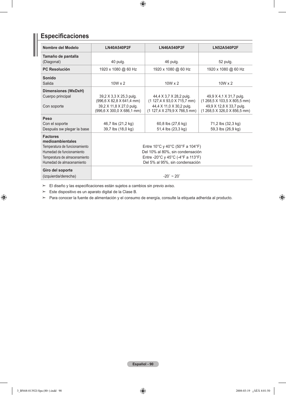 Especificaciones | Samsung LN46A540P2FXZA User Manual | Page 194 / 197
