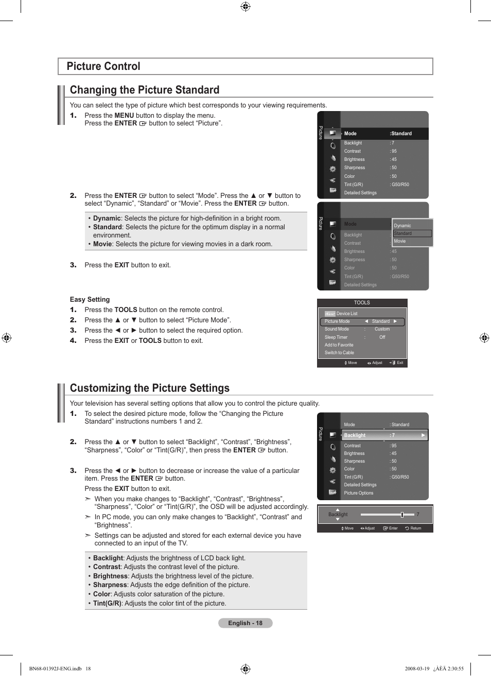 Picture control, Changing the picture standard, Customizing the picture settings | Configuring picture options, Picture control changing the picture standard | Samsung LN46A540P2FXZA User Manual | Page 20 / 197