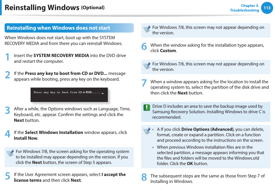 Reinstalling windows | Samsung NP915S3G-K04US User Manual | Page 113 / 145