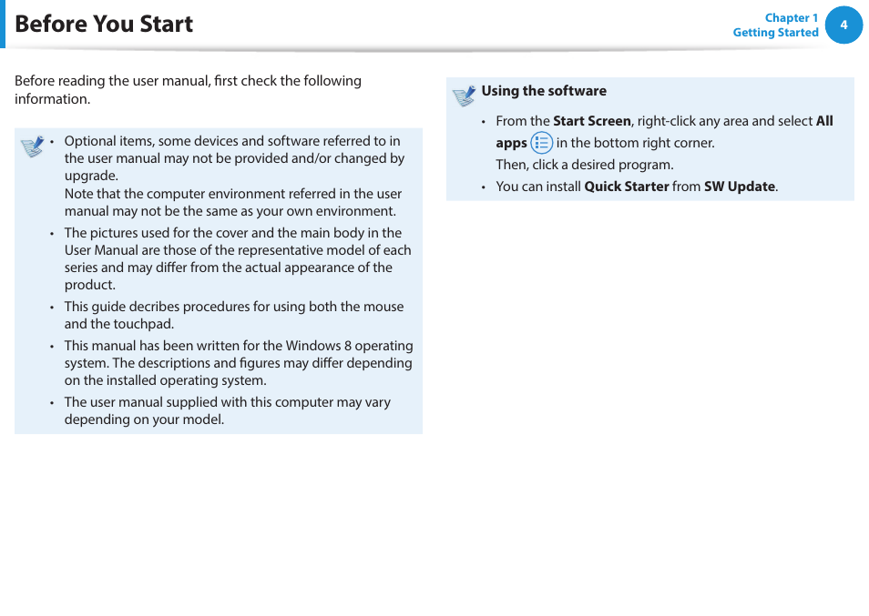 Before you start | Samsung NP915S3G-K04US User Manual | Page 4 / 145